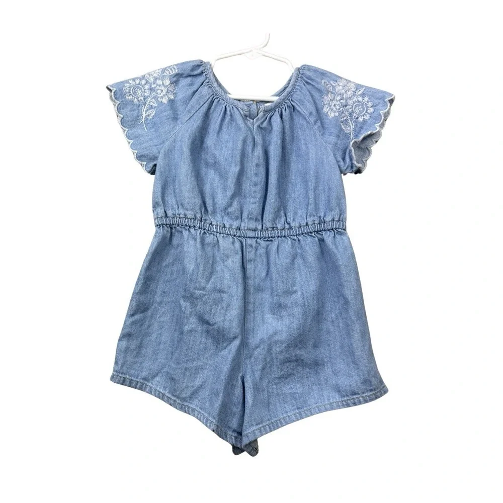 Old Navy Girls Chambray Romper Embroidered Flutter Sleeve 5T Blue